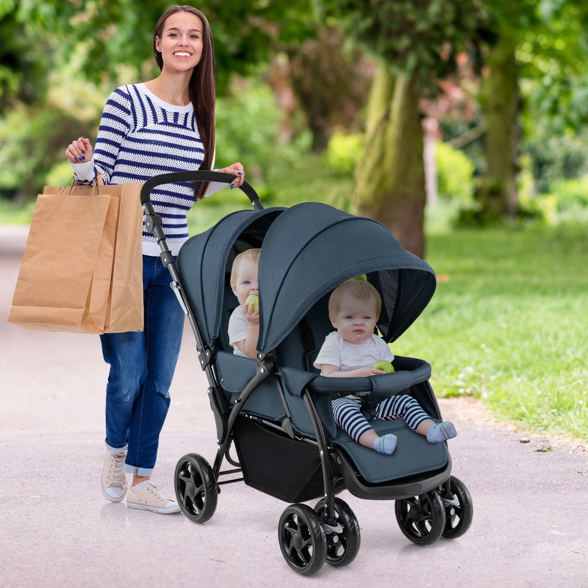 Coast Opvouwbare Dubbele Kinderwagen – Blauw – 123 x 57 x 95-110 cm – Verstelbare Rugleuningen & Duwbeugel – 5-Punts Veiligheidsgordels
