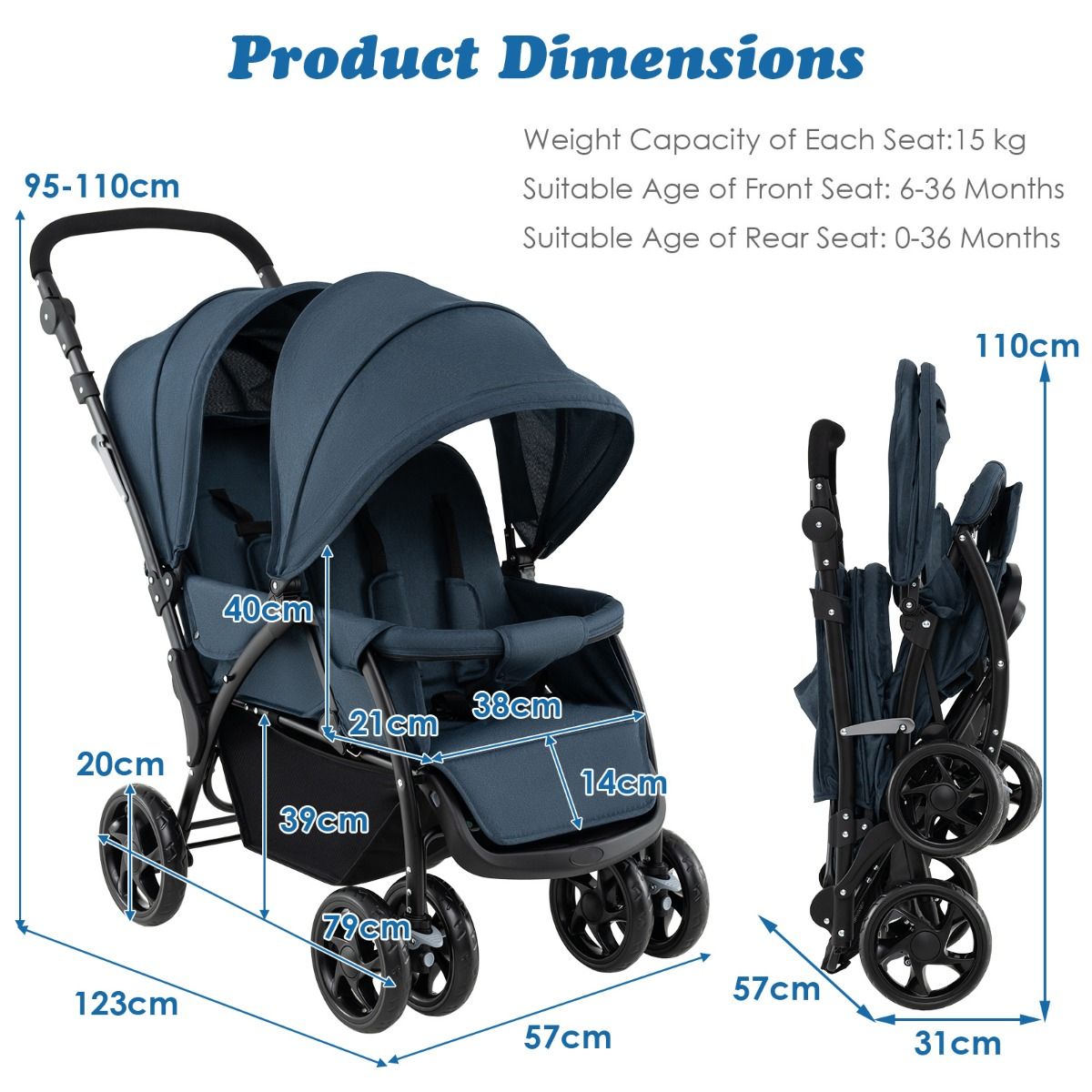 Coast Opvouwbare Dubbele Kinderwagen – Blauw – 123 x 57 x 95-110 cm – Verstelbare Rugleuningen & Duwbeugel – 5-Punts Veiligheidsgordels