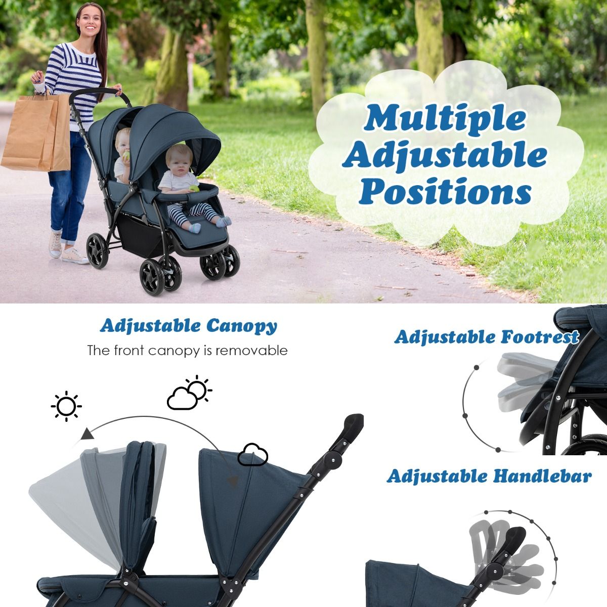 Coast Opvouwbare Dubbele Kinderwagen – Blauw – 123 x 57 x 95-110 cm – Verstelbare Rugleuningen & Duwbeugel – 5-Punts Veiligheidsgordels