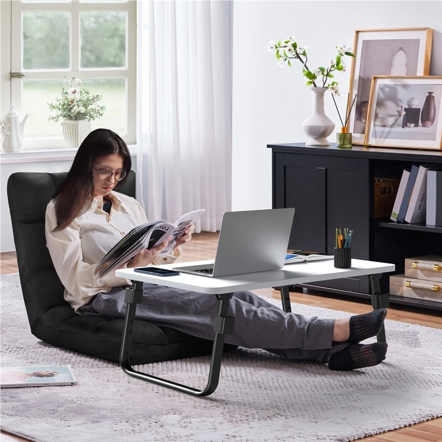 Yaheetech Vloerstoel Inclusief 14 Verstelbare Standen – Voorzien Van Schuim Met Hoge Dichtheid En Stevig Metalen Frame En Zachte Pluche Stof – Voor Woonkamer En Speelkamer – Zwart Polyester – 111,5 x 53 x 14 cm