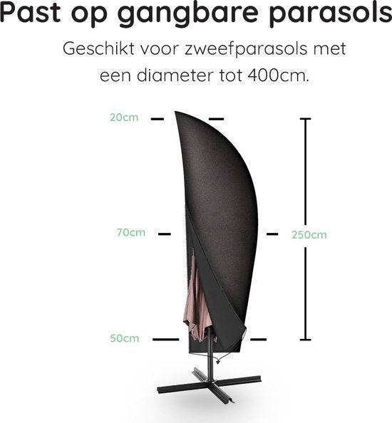 Volcan Parasolhoes voor Zweefparasol - Tot 400cm - Waterdicht - Oxford 420D - Met Rits, Trekkoord, Stok en Opberghoes - Zwart