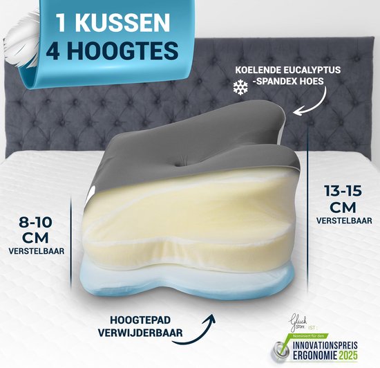 Glckstoff Orthopedisch Kussen - Ergonomisch Nackenschuim Kussen voor Nek- en Rugpijn, Hypoallergeen, Verstelbaar, Ideaal voor Zij- en Rugslapers, Grijs