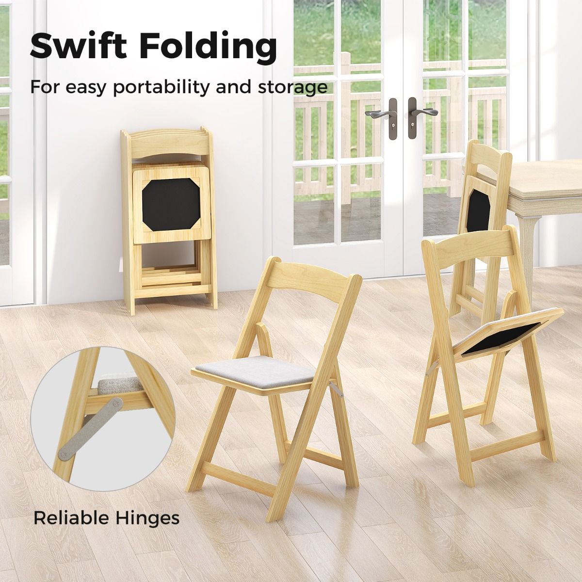Coast Set van 2 Opvouwbare Eetkamerstoelen – 44x47x77 cm – Natuurkleur – Met Rubberhouten Poten en Gevoerde Zitting