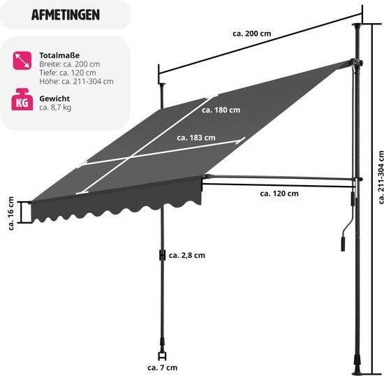 tectake - klemluifel - Zonnescherm – Zonneluifel - Verstelbaar - Klem-zonwering - Zonnescherm Balkon - 200 x 180 cm – zwartgrijs – zonwering - 404959