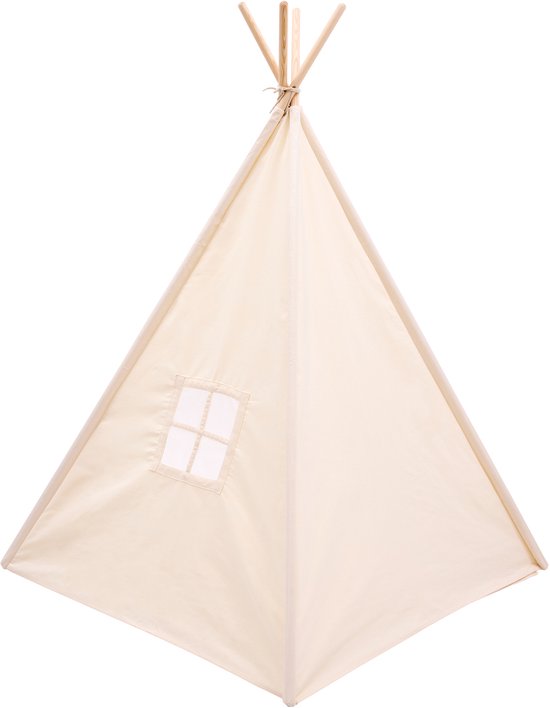 Sunny Vera Tipi Tent Crème voor kinderen – Wigwam Speeltent met raam van katoen – Tipi tent kinderen met Vloermat – 110x110x160cm – Stokken van hout