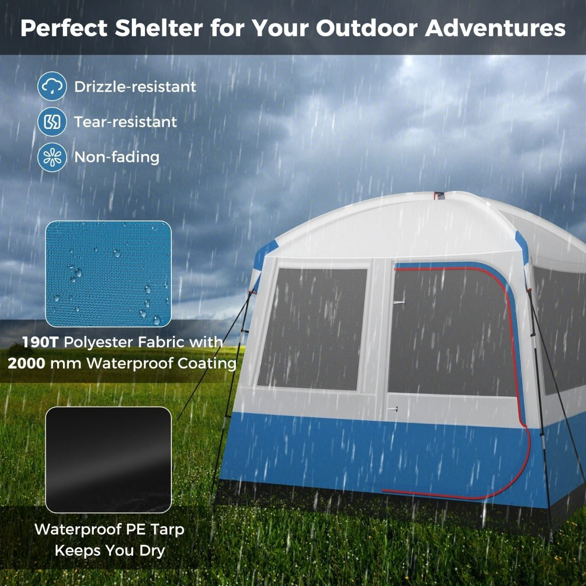 Coast Campingtent voor 5 Personen - Grote Netdeur en Grondzeil - Waterdicht - 248 x 248 x 230 cm - Blauw/Wit