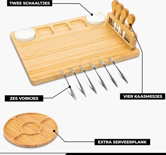 Kicinn Borrelplank - Tapasplank - Kaasplank - Serveerplank - Borrelplank Hout - Incl. Kaasmesjes, Vorkjes, schaaltjes en extra Serveerplank – Bamboe