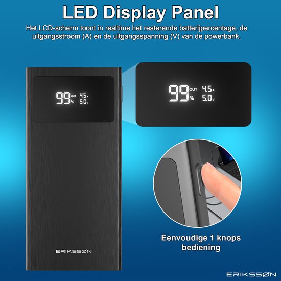 Erikssøn Core Pro Charge Powerbank - 10.000 mAh - 22.5W Snellader - USB-A/USB-C - LED Indicatie - Universele Powerbank geschikt voor o.a. iOS/Android