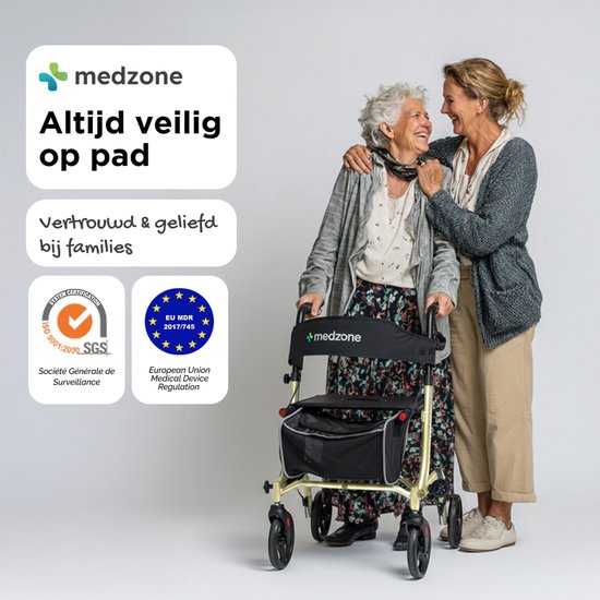 Medzone Rollator Lichtgewicht en Opvouwbaar - Zitfunctie - Binnen en Buiten - Rugleuning en Wandelstok Houder - Champagne - Goud