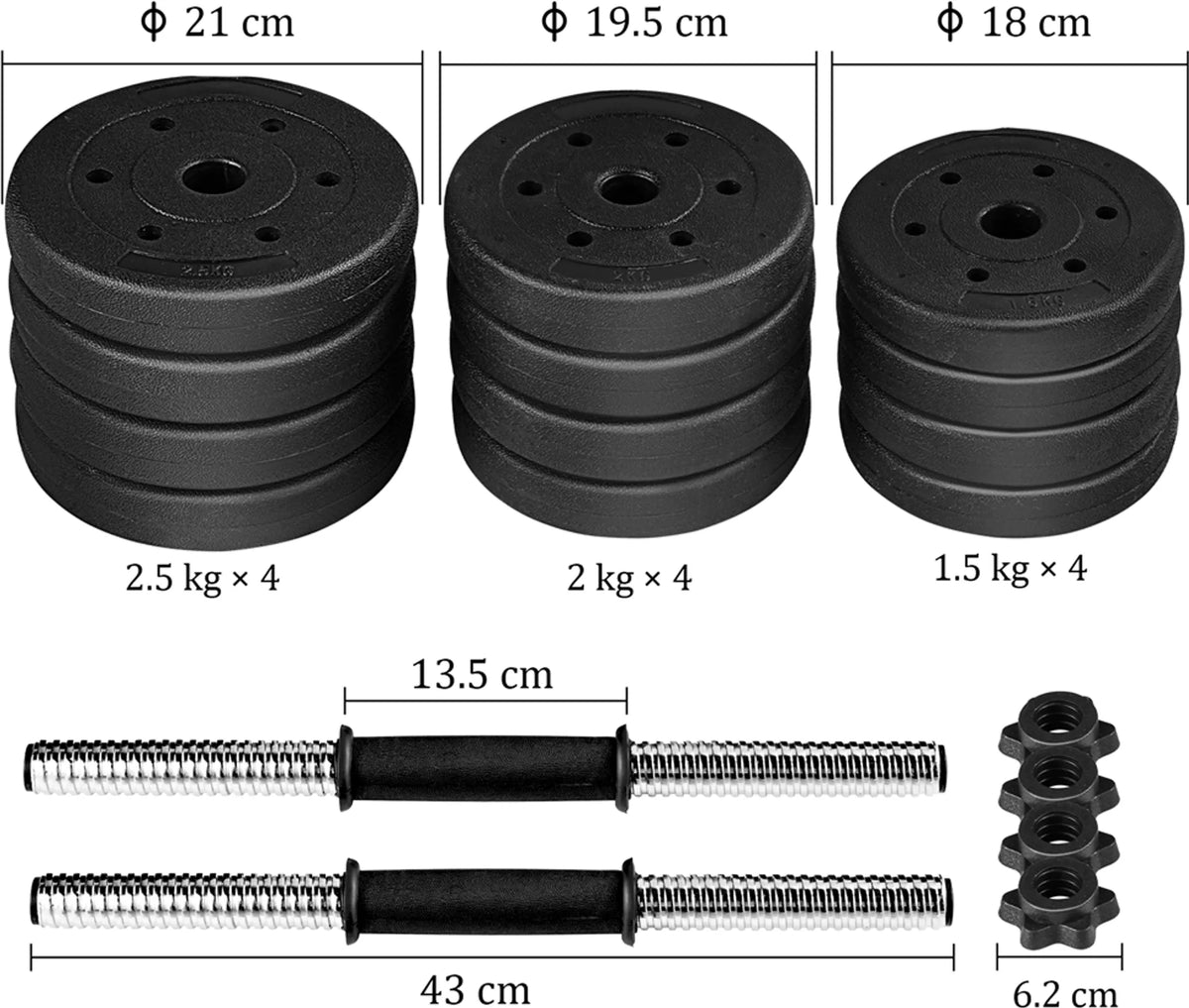 Yaheetech Dumbbellset 25 kg – Voorzien Van 12 Verstelbare Gewichtsschijven En Antislip Handgrepen En Stersluitingen – Voor Krachttraining En Spieropbouw – Zwart Kunststof Cement En Metaal – 43 x 21 x 21 cm