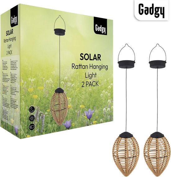 Gadgy Solar Hanglampen Buiten – Set van 2 – Rattan Look – LED Solar Tuinverlichting – Warm Licht – Spatwaterdicht – Zonne-energie – Hanglamp Tuin Decoratie