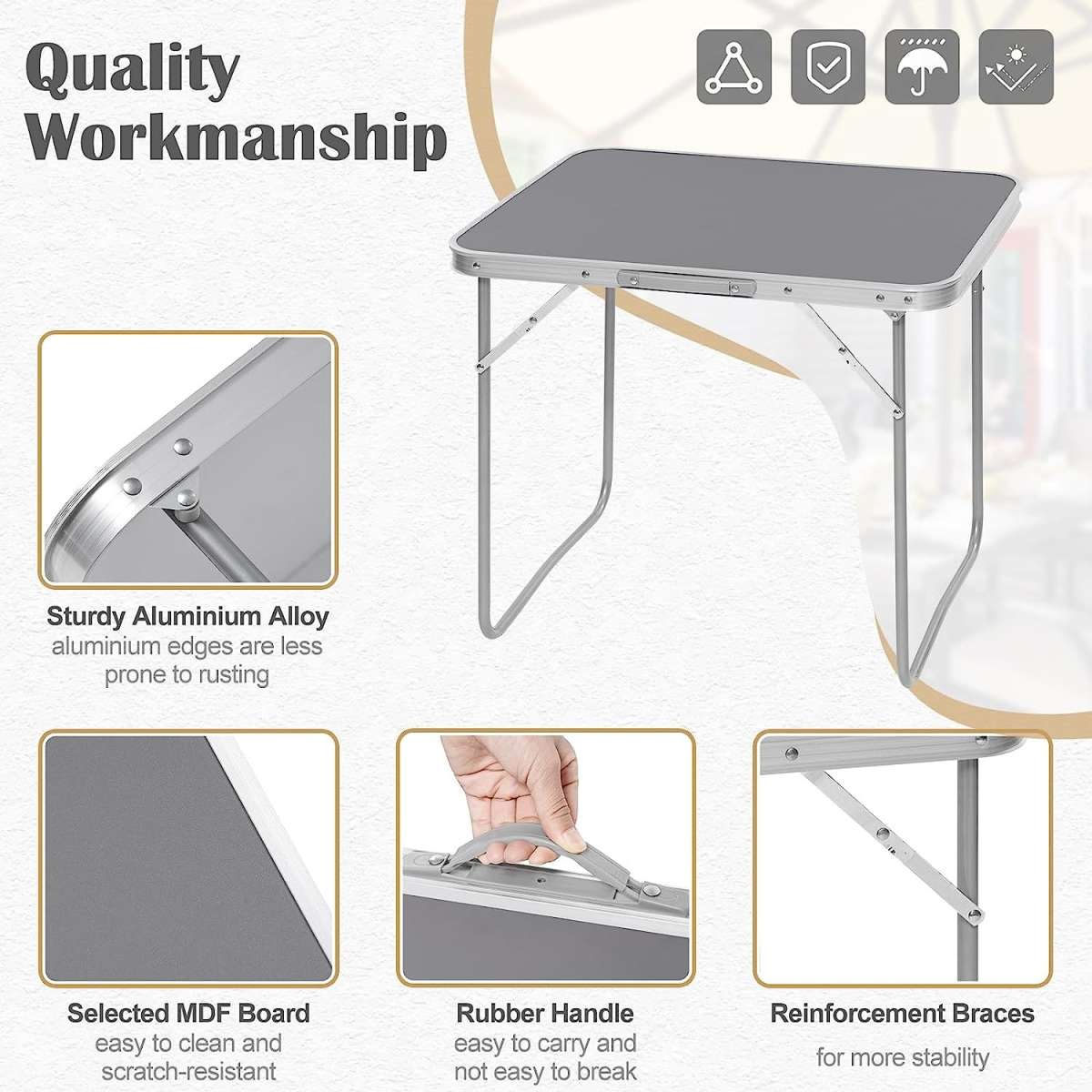 WOLTU Campingtafel 70 x 60 x 50 cm - Opvouwbaar - Handvat - Aluminium/MDF - Grijs