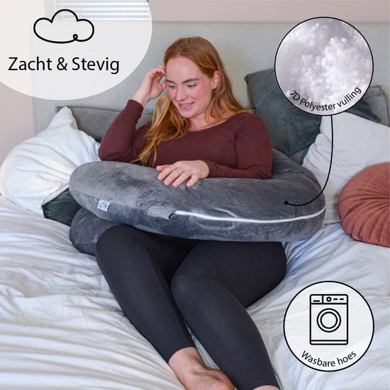 El-Life Zwangerschapskussen XXL – C-Vorm – Zijslaapkussen – Lichaamskussen – Voedingskussen – Body Pillow – 150x70cm – Afneembare Minky Fleece Hoes – Grijs