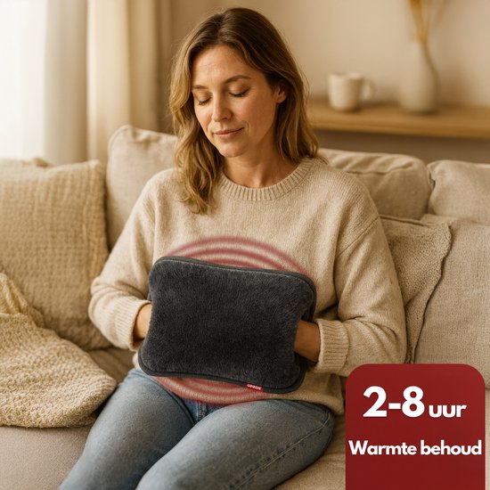 Coozie Elektrische Kruik XL – 1,65L – met ThermoSoft Hoes van Pluche – Verwarmende Zachte Warmwaterkruik – Warmtekruik – Antracietgrijs