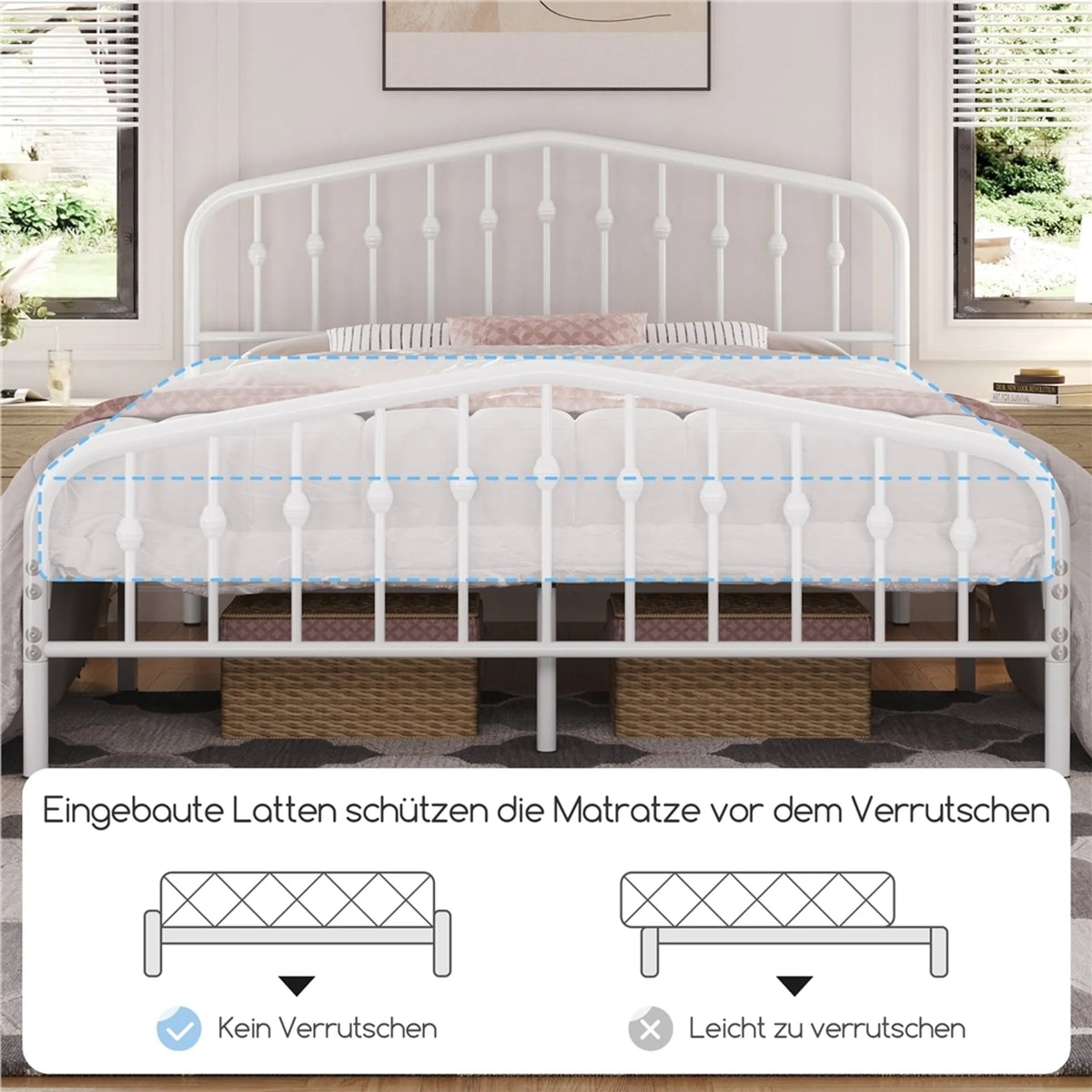 Yaheetech Klassiek Metalen Bed met Hoog Hoofdbord 160x200 cm – Wit – Metaal