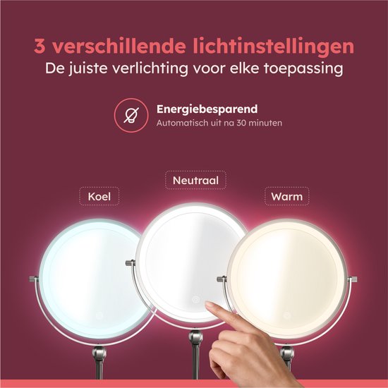 Fraay® Make Up Spiegel met LED Verlichting - 10x Vergroting - Vergrootspiegel met Licht - Oplaadbaar - Scheerspiegel - Badkamerspiegel - Nikkel