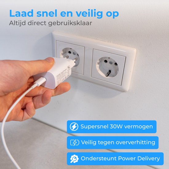 Nuvance USB C Adapter - 30W Snellader - Incl 2M 60W Kabel - USB C - Oplader - USB C naar USB C - Oplaadkabel - Wit