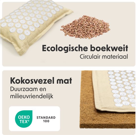 LifeGoods Acupressuur Mat Eco - 72x43x2cm - Spijkermat met Kussen / Draagtas / 2x Triggerpoint Bal - Accupunctuur mat - Spijkerbed - Beige/Wit