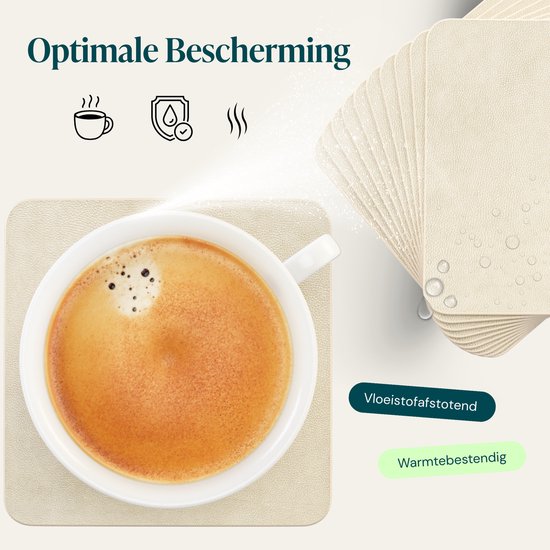 Castagnola Kunstlederen Onderzetters – Onderzetters voor Glazen – Design Onderzetters met Houder – Leren Onderzettersset met metalen houder – Leder – Set van 10 - Offwhite - 10x10cm
