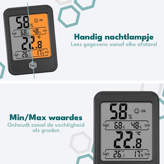Ease Electronicz Hygrometer Min/Max - Luchtvochtigheidsmeter - Digitaal Weerstation - Vochtigheidsmeter - Thermometer voor Binnen - Met verlichting