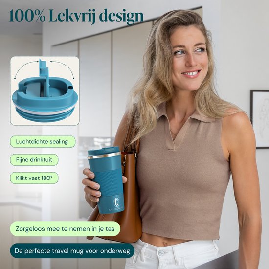 Castagnola Thermosbeker - Koffiebeker To Go - Travel Mug voor Koffie en Thee - Theebeker - 510 ML - RVS - Blauw