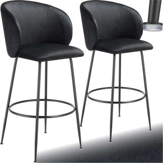 tectake® - Set van 2 Barkrukken Luana - Gestoffeerde Barkruk met rugleuning - Barstoelen - Barstoel met voetensteun - Eetkamerstoel met fluwelen bekleding - Stevige stalen poten met antislip vloerbescherming - Zwart/zwart