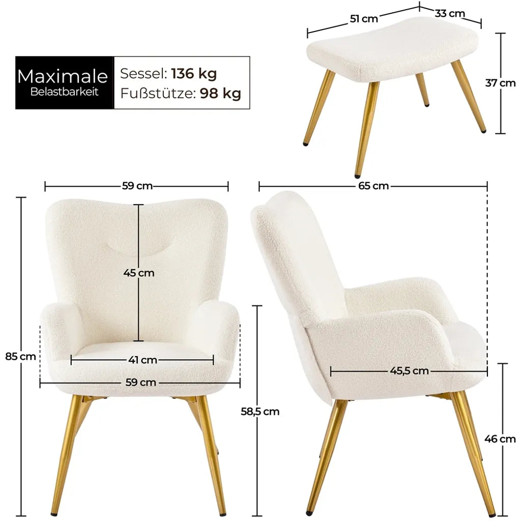 Yaheetech Oorfauteuil met Voetenbankje, Bouclé, Wit/Crème