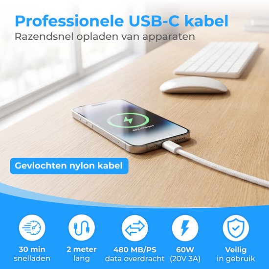 Nuvance USB C naar USB C Kabel - USB C Lader - 2 Meter - Snellader USB C - Gevlochten Nylon - 60W - 480 Mbps - Wit