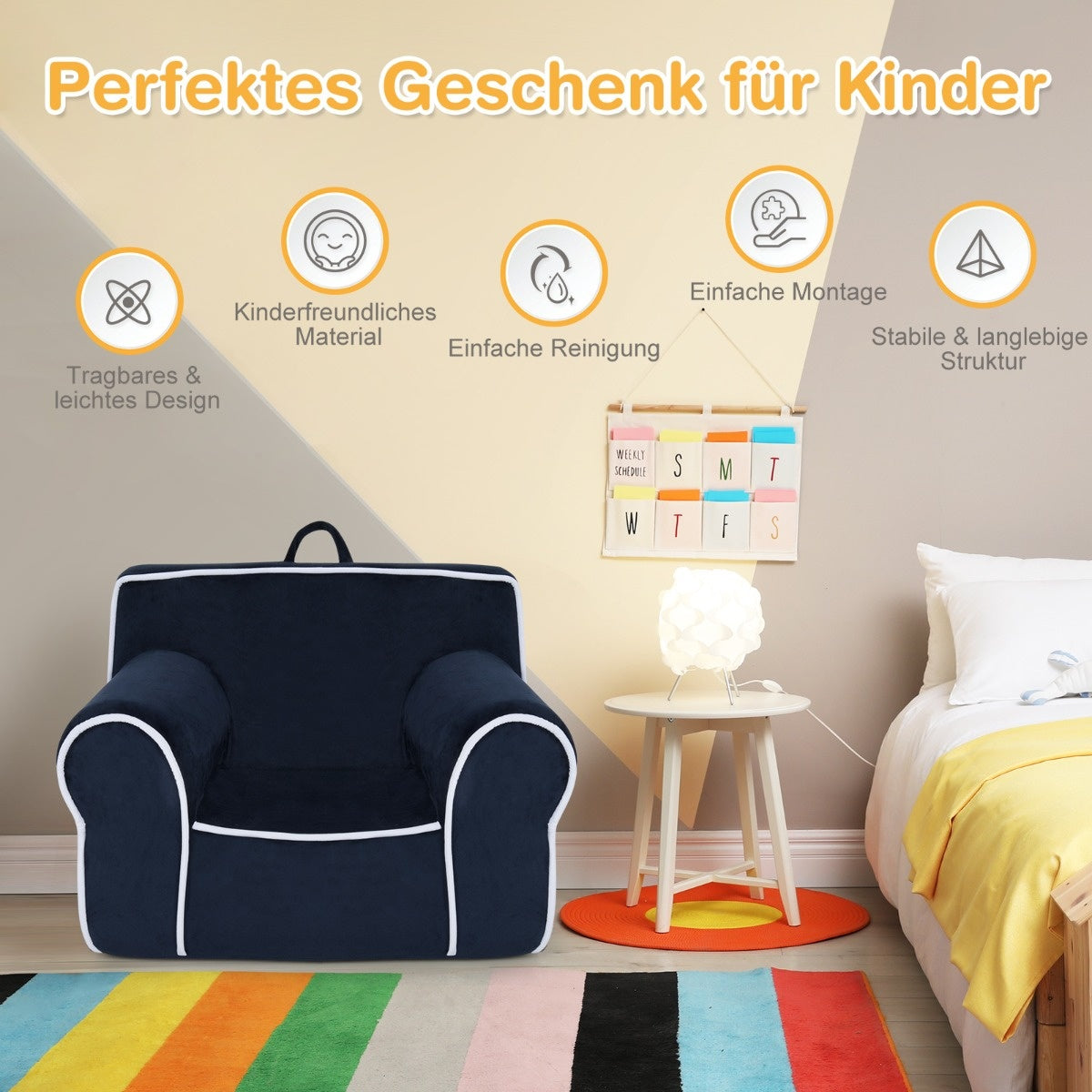 Coast Kinderfauteuil Donkerblauw – 69 x 46 x 50 cm – Zachte Fluwelen Peuterstoel met Schuimvulling