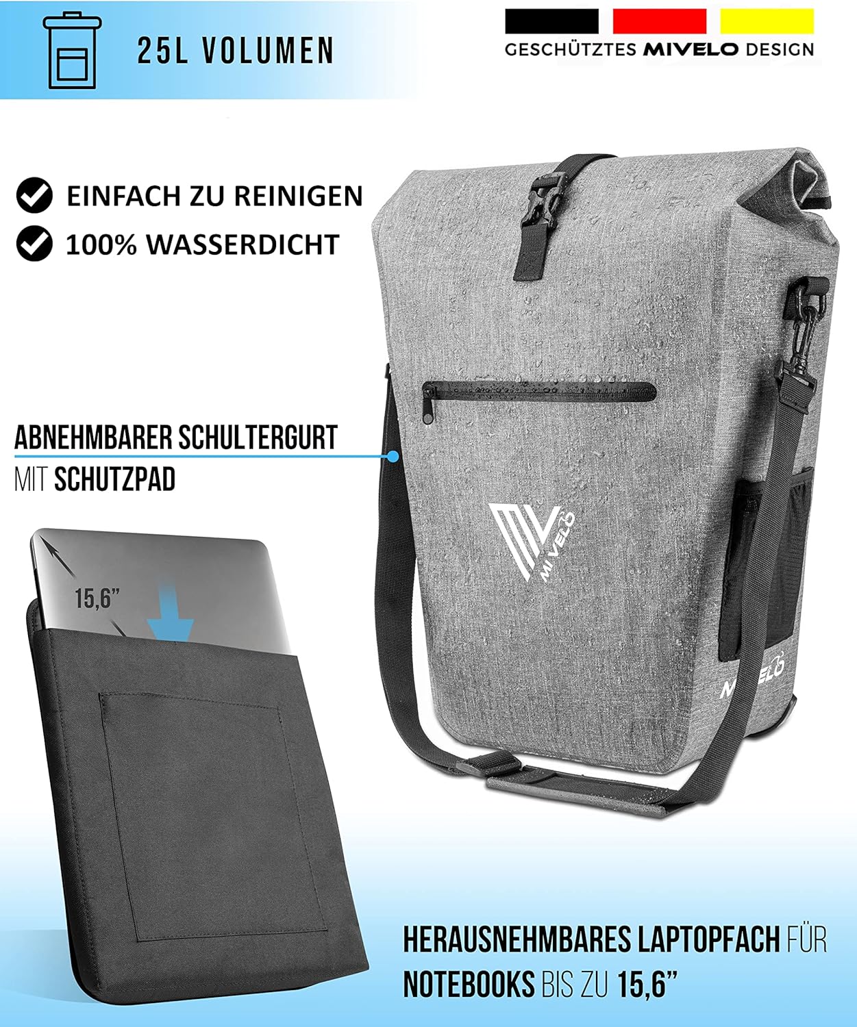 MIVELO Fietstas – Waterdicht – 25L – Met Laptopvak & Schouderriem – Grijs