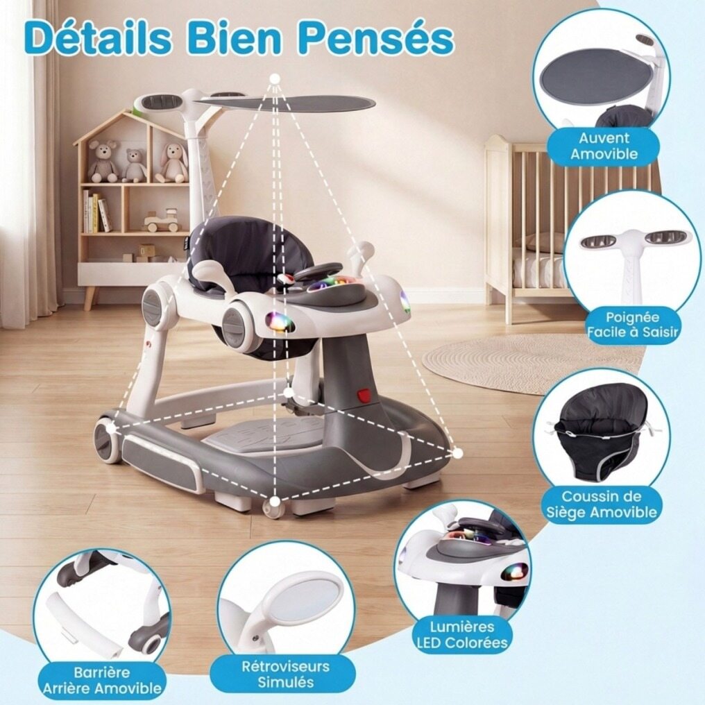 Coast 6-in-1 Babywalker - Activiteitencentrum - Verstelbaar - Muziek - Verlichting - Schommel - Grijs