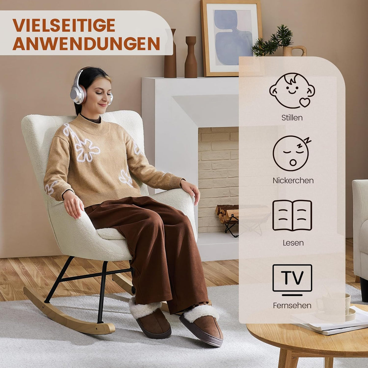 Yaheetech Schommelstoel Boucle Wit met Opklapbare Rugleuning - 82,5 x 70 x 95,5 cm