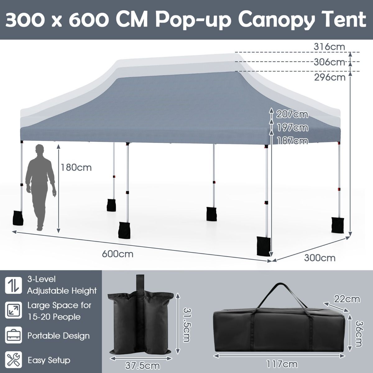 Coast Partytent opvouwbaar - uitschuifbaar - waterdicht - grijs 300 x 600 cm