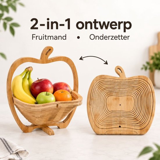 Ceruzo Fruitmand Opvouwbaar - Bamboe - 27x22x30 cm - 2-in-1 - Fruitmand Onderzetter