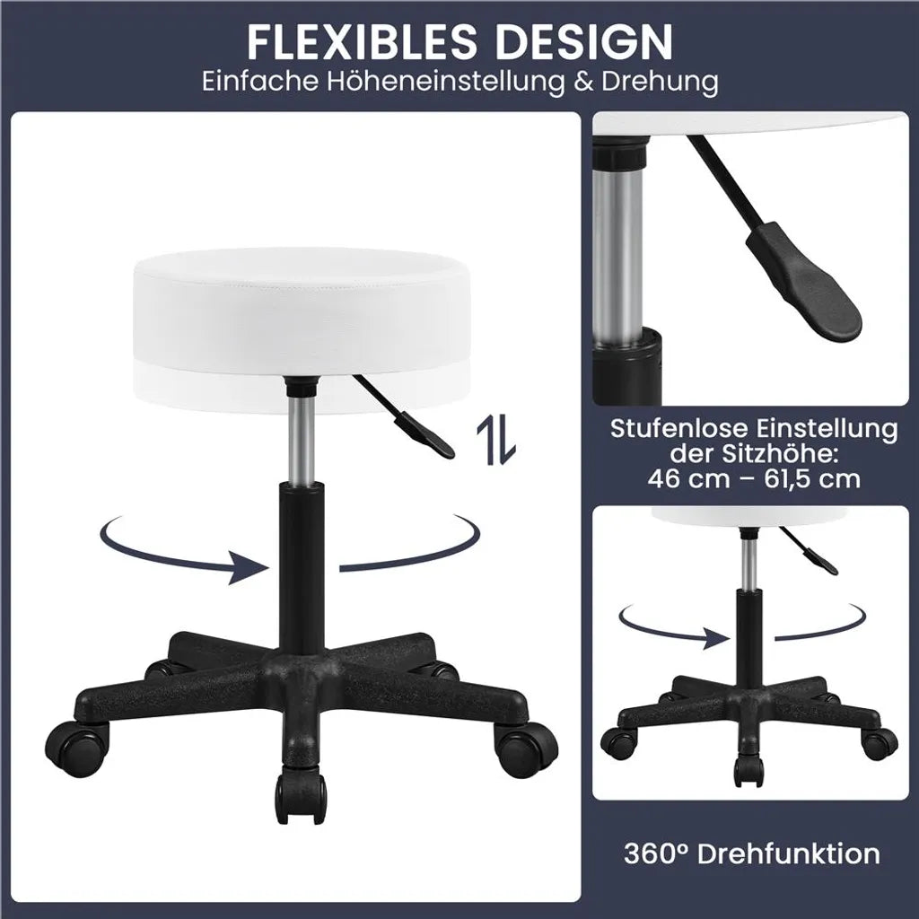 Yaheetech Rolkruk 50 × 50 × 46–61,5 cm – Wit – Verstelbare Draaikruk met Wielen en 150 kg Draagkracht