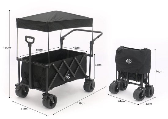 AXI SB221 Opvouwbare Bolderwagen met dak – Zwart – Met Trekstang, Remmen en Hoes – 100 kg Draagvermogen – Eenvoudig mee te nemen - Metaal