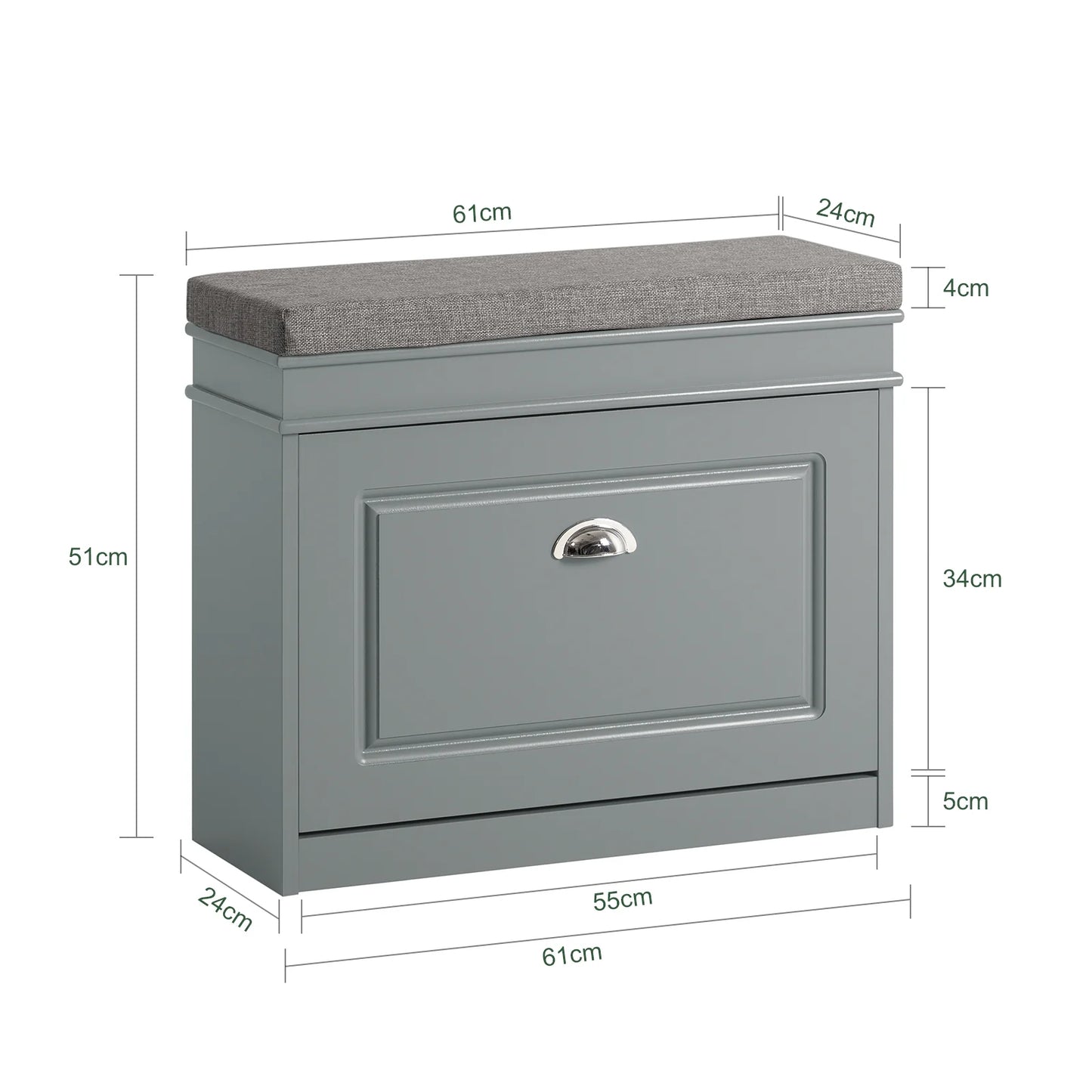 SoBuy FSR82-K-HG Grijze Entreebank met Klapdeur en Zitkussen – Schoenenopbergruimte 60×24×51 cm