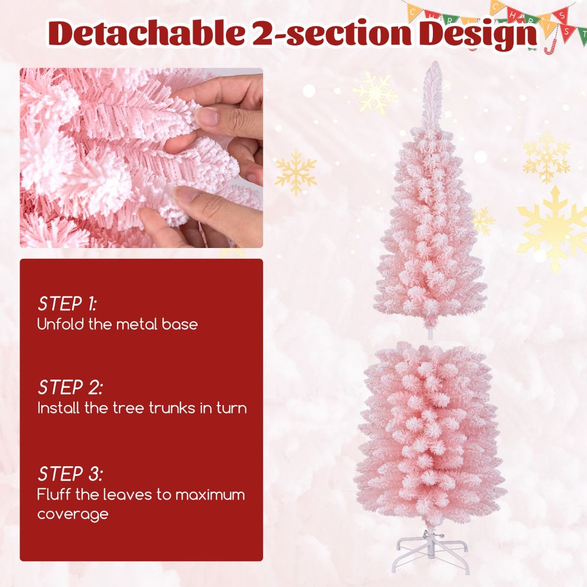 Coast Kunstmatige Kerstboom -  150 cm - Roze – Besneeuwd – Slank Design – 328 Takpunten – Metalen Standaard