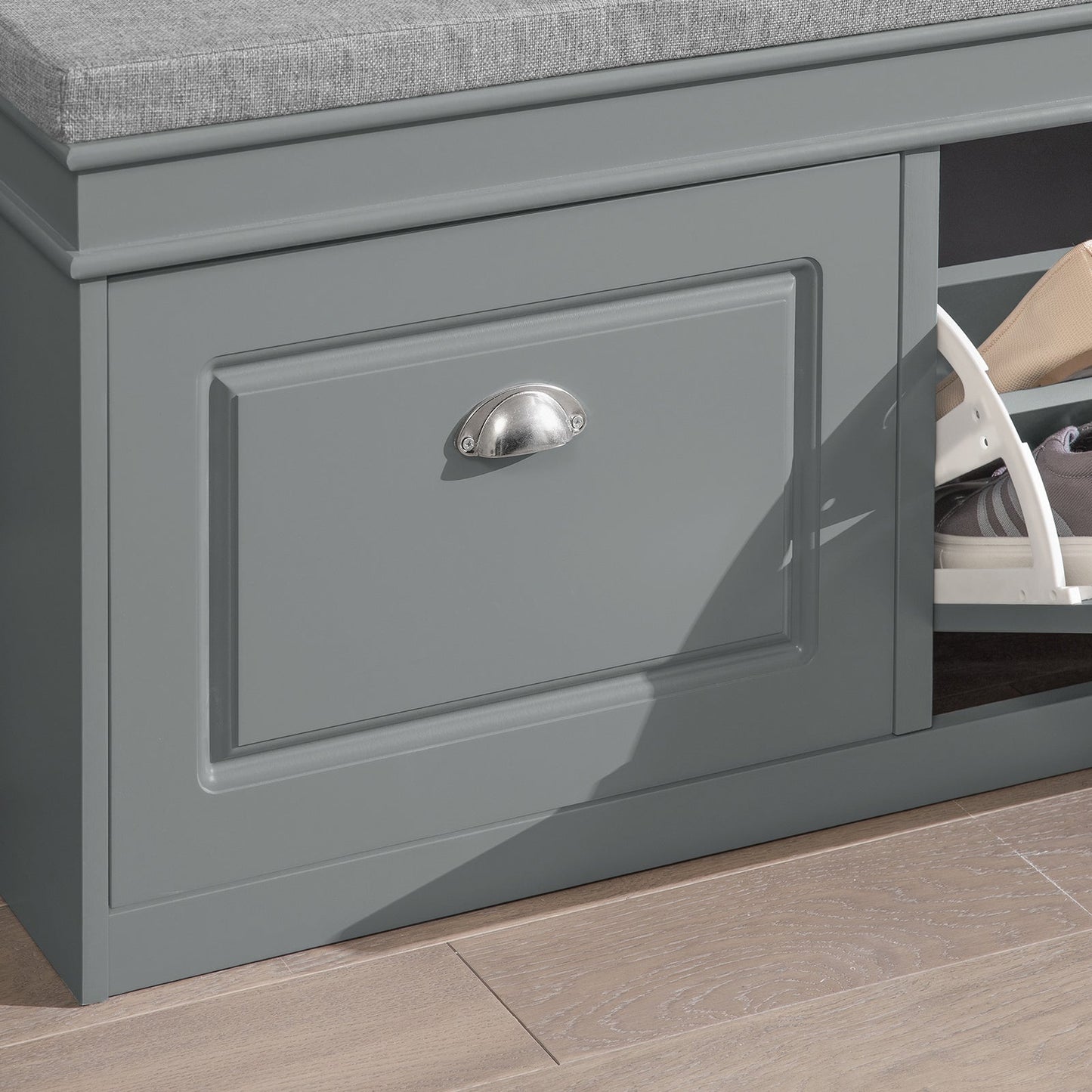 SoBuy FSR64-HG Smalle Schoenenbank met Zitkussen - 2 Kleppen - Tot 8 Paar Schoenen - Grijs - 60 x 24 x 102 cm