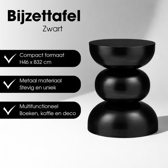 Mica Decorations Luna Bijzettafel - Bijzettafel Rond H46 x Ø32 cm - IJzeren Tafeltje voor Slaapkamer of Woonkamer - Nachtkastje of Plantentafeltje - Zwart