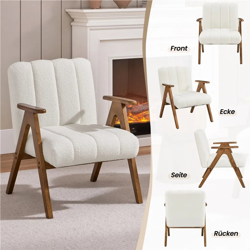 Yaheetech Fauteuil Wit – Bouclé Loungestoel met Armleuningen en Houten Poten – 60,5 x 68,5 x 73 cm