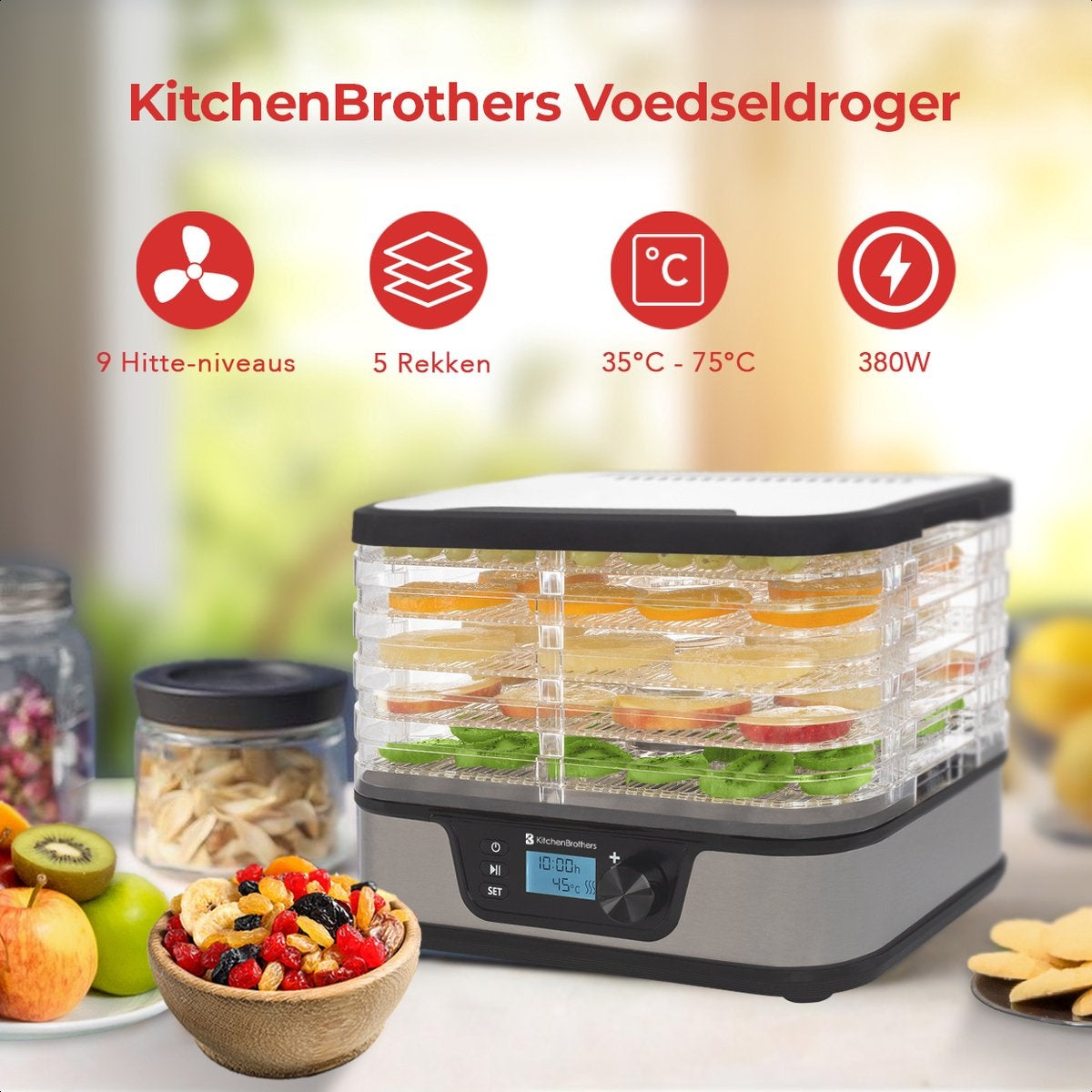 KitchenBrothers Voedseldroger - Elektrisch 380W - 5 Laags - 9 Hitte-niveaus - 35°C tot 75°C - LCD Display - Timer - RVS/Zwart