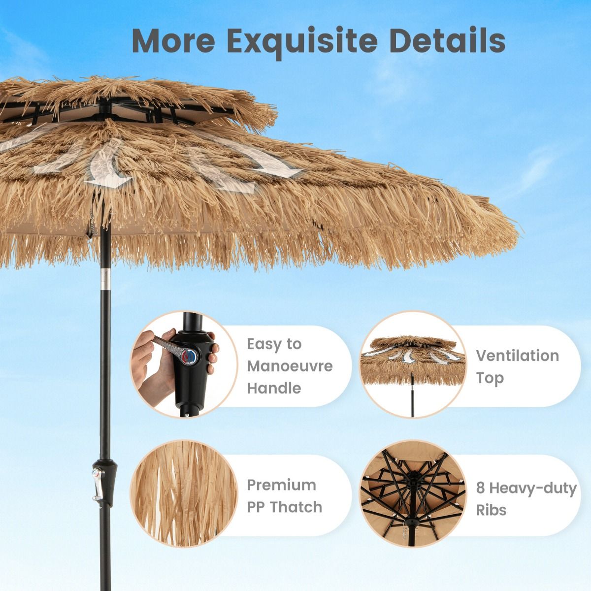 Coast Hawaïaanse Rieten Tiki Parasol 267x247 cm – Natuurlijke Terrasparasol met Zwengel, Kantelmechanisme & 8 Stevige Baleinen