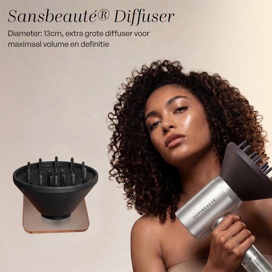 Sansbeauté® Föhn met Diffuser - Krullen - 110.000RPM - Ionische Haardroger met Borstel - 3 Standen - 3 Opzetstukken - Reisföhn - Sèche Cheveux - Krul Feun Set - Haarföhn met Defuser - Hair Blow Dryer - Kappersfohn - 2000W