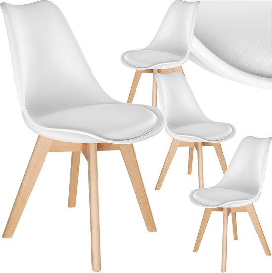 tectake® Eetkamerstoel Frederikke - Set van 4 Eetkamerstoelen met Gevoerde Stoffen Zitting - Massief Houten Poten - Ergonomische Stoelen geschikt voor Woonkamer, Eetkamer, Slaapkamer en Keuken - Draagkracht 120kg - Wit