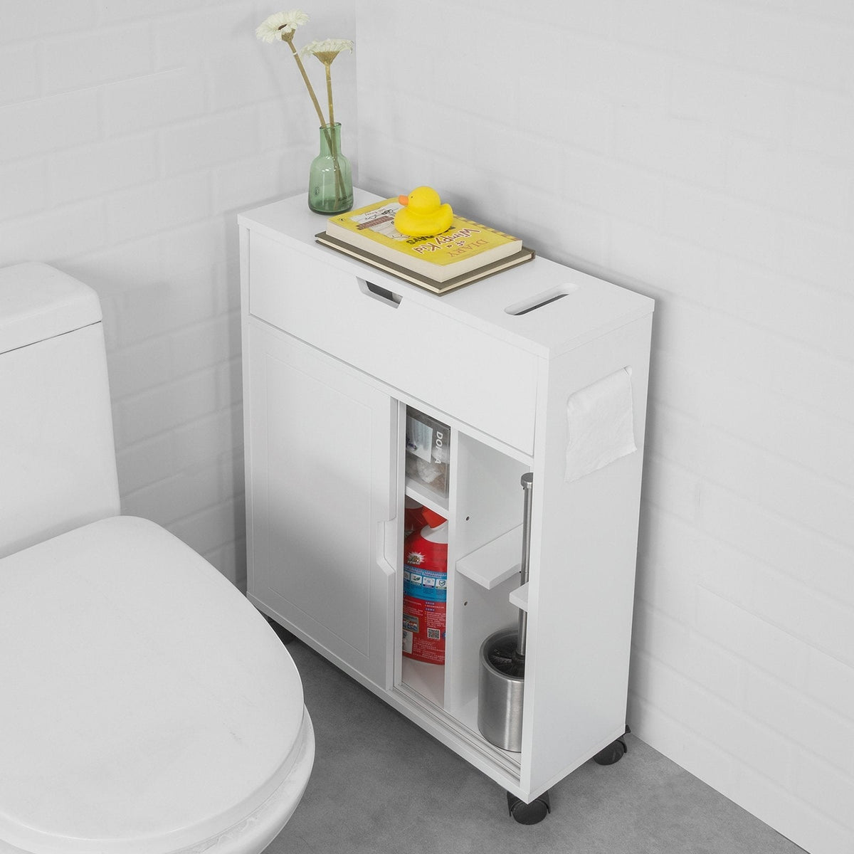 SoBuy BZR31-W Badkamerkast Met 2 Schuifdeuren en Lade - Met Wielen - 67 x 52 x 17 cm - Wit