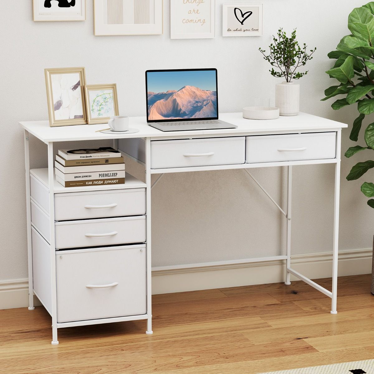 Coast Computerbureau - met opbergruimte en open plank - 5 stoffen lades - metalen frame - 120 x 50 cm - café & zwart