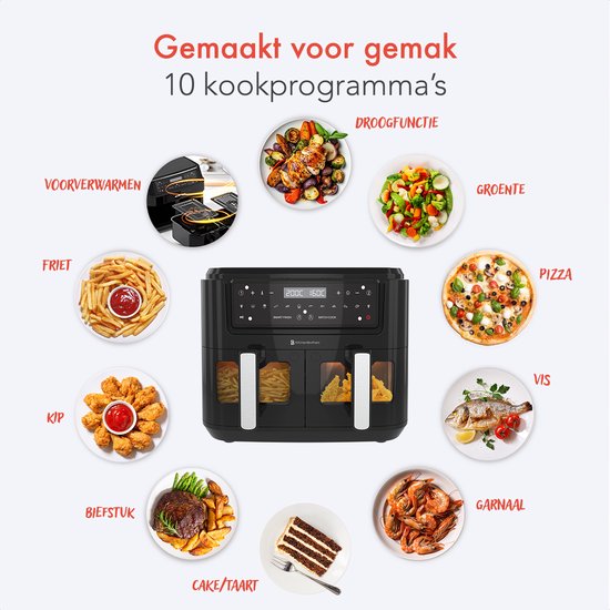 KitchenBrothers Airfryer – Dual Zone & 10 Programma's – 2400 W – 38.8 x 36.5 x 31.8 cm – Zwart