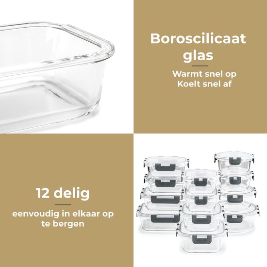 Stosh Vershoudbakjes - Meal Prep Bakjes - Diepvriesbakjes - Glas - 12 Stuks - BPA vrij