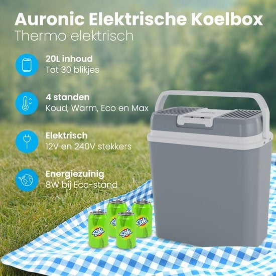 Auronic Elektrische Koelbox - 20 L - Koelen en Verwarmen - 12V en 240V - Compact en draagbaar - Grijs